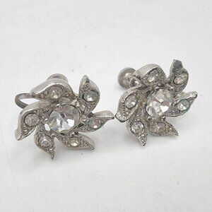 Signed BOGOFF Vintage Clear Rhinestone Silver Tone Screw Back Earrings‎